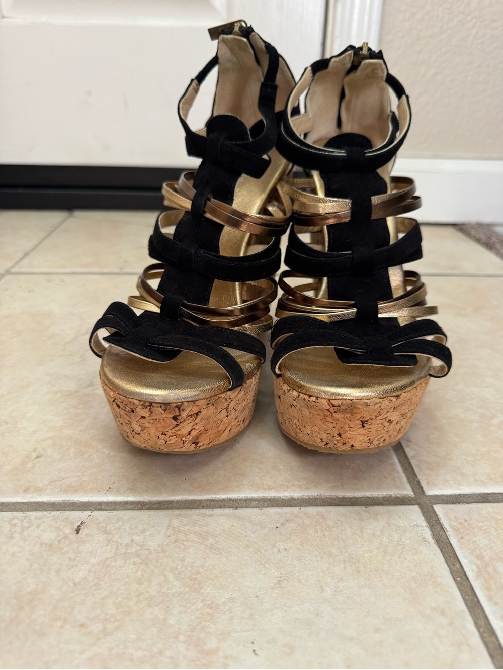 Jimmy Choo Black, Gold, and Bronze Suede Cork Wedge Sandals EU 39